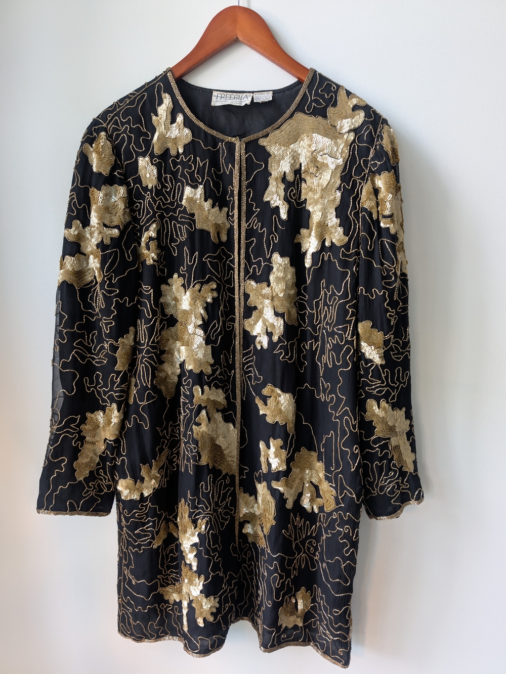 Vintage Freesha 100% Silk Beaded Sequin Cardigan Jacket Black Gold M